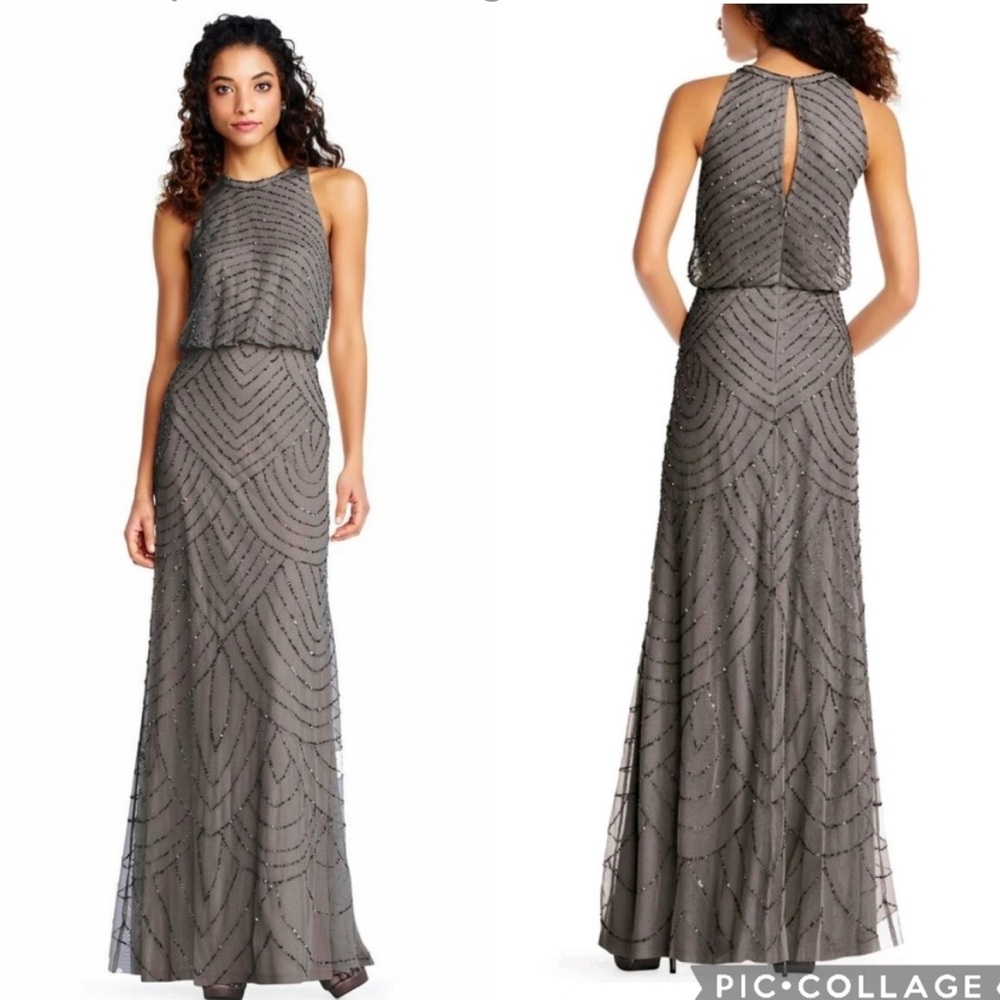 Adrianna Papell Gray Beaded Halter Maxi Dress